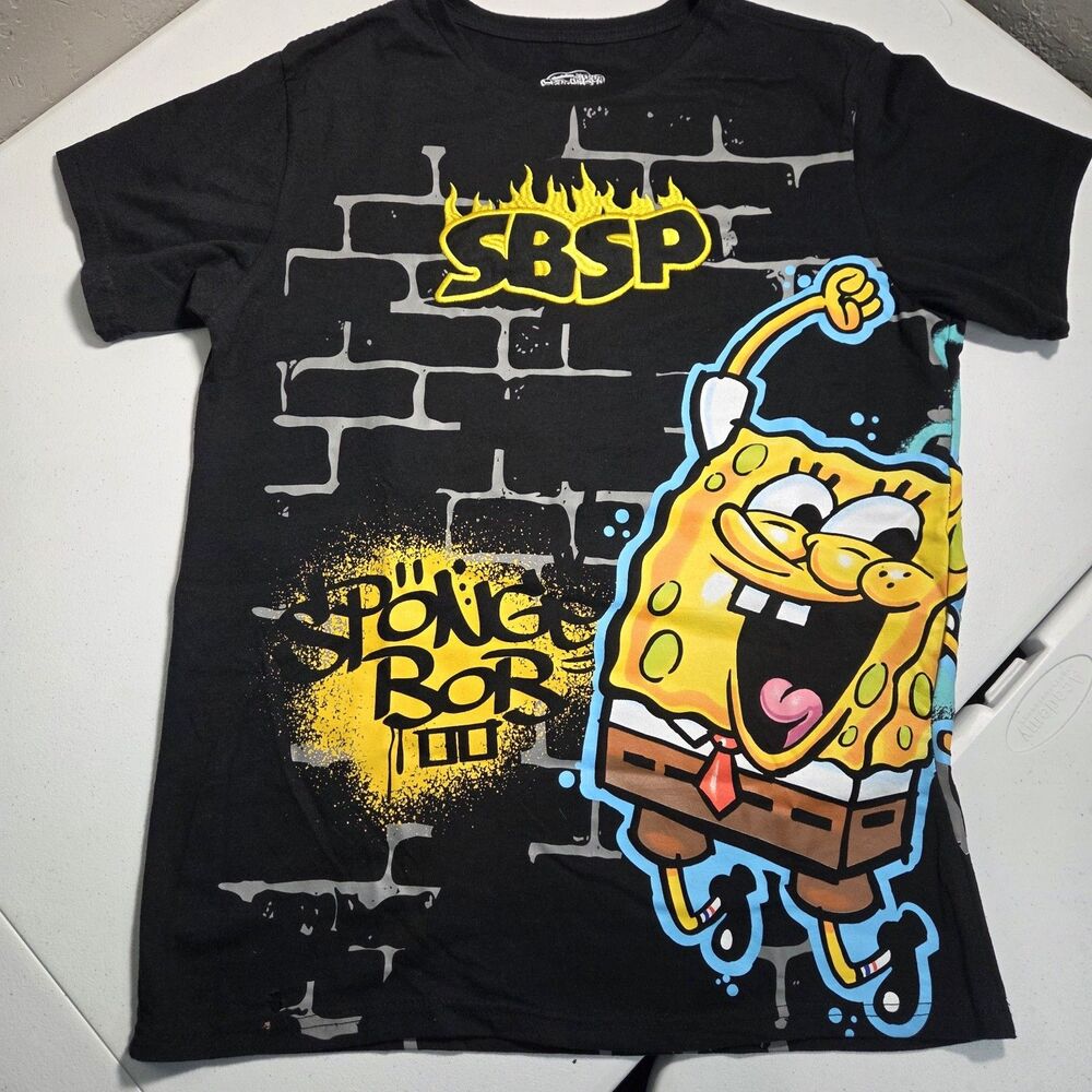 SpongeBob Patrick Graffiti T-Shirt Mens XL Black Nickelodeon Double Sided Flaw